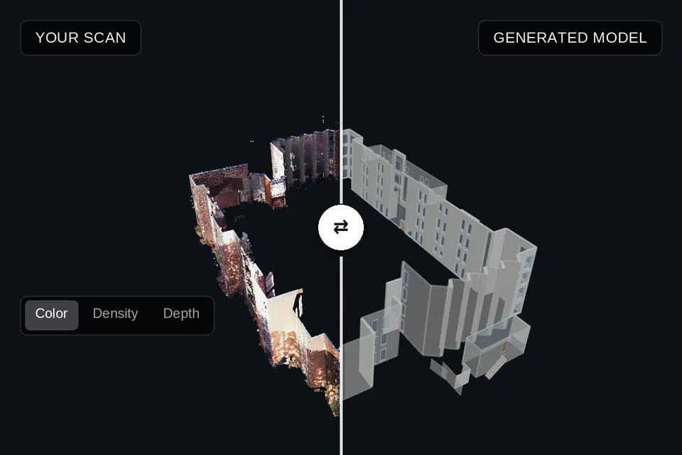 A large building around a courtyard: the scan in color left of the curtain, the model of its outside walls on the right