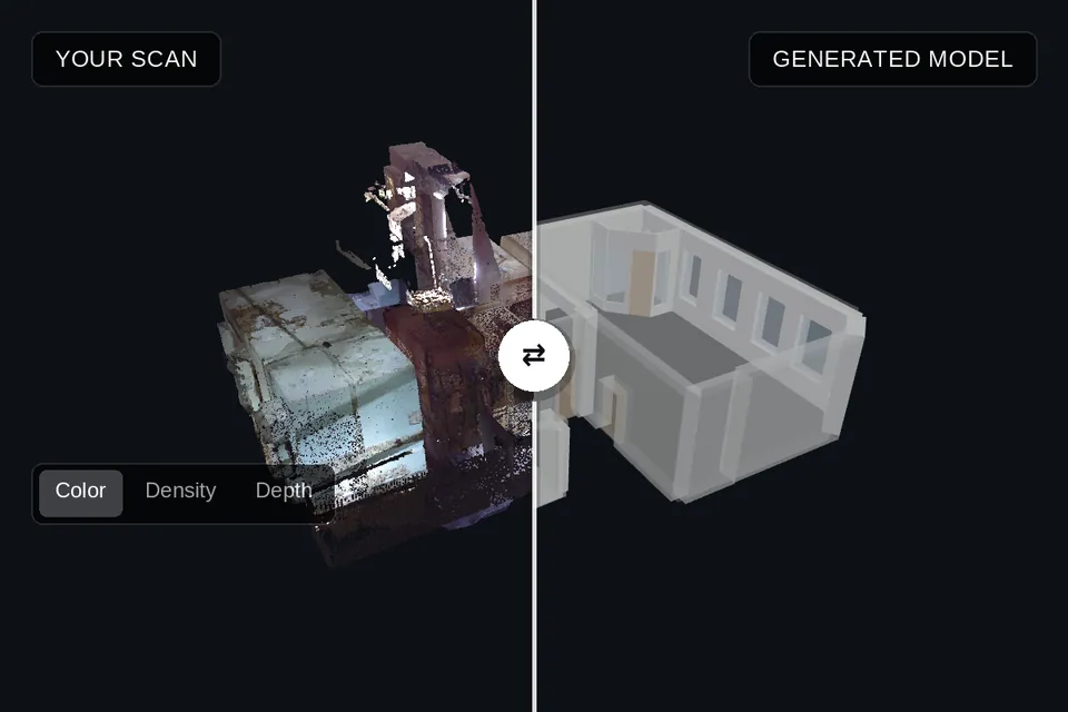 A stone house with a tower: the scan in color left of the curtain, the model on the right